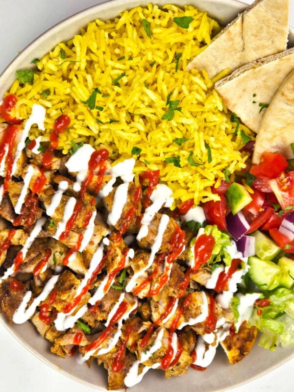Halal chicken with yellow rice.