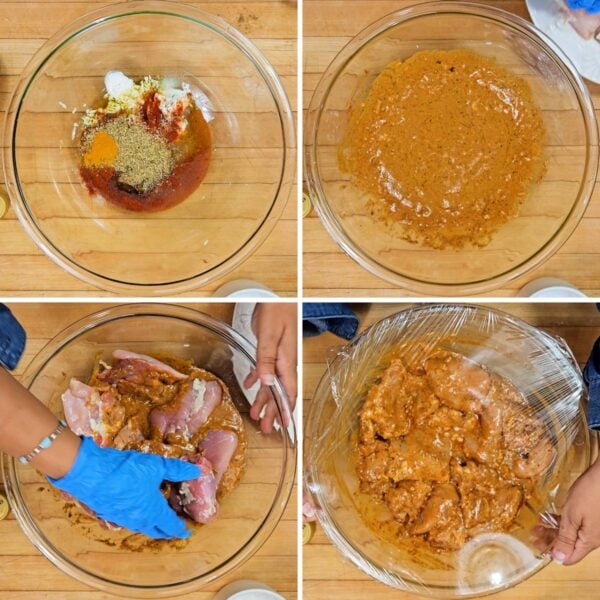 Marinating the chicken.