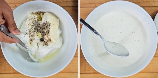 Mixing together the white sauce ingredients.