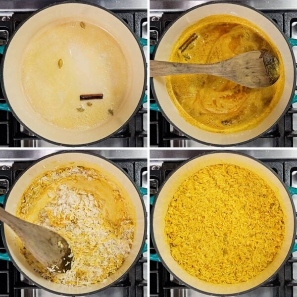 Cooking the spices and mixing in the uncooked rice.