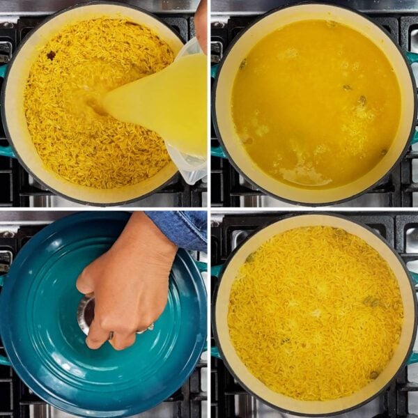 Adding the broth and cooking the rice.