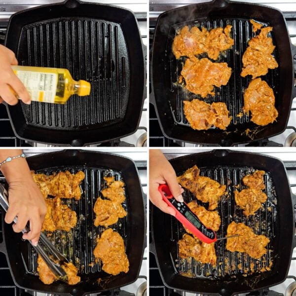 Cooking the marinated chicken in a skillet.