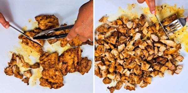 Dicing up the chicken.
