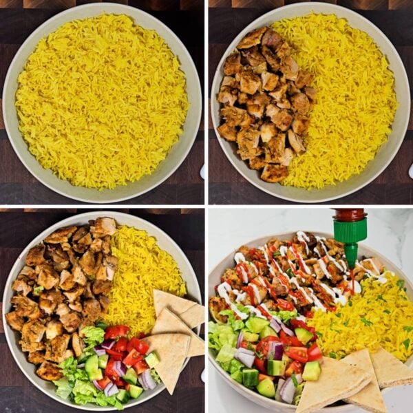 Assembling a bowl of chicken over rice.