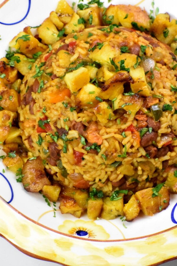 Serving of Puerto rican rice and beans.