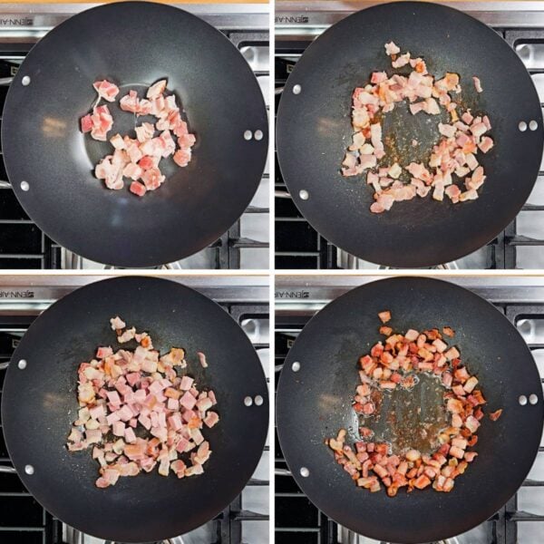 Browning bacon and ham in a skillet.