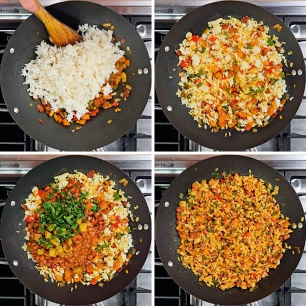 Adding rice, beans, cilantro and maduros.