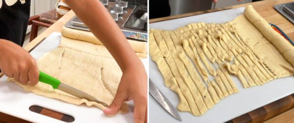 Cutting the crescent roll dough.
