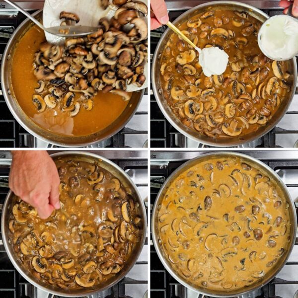 Adding mushrooms and sour cream.