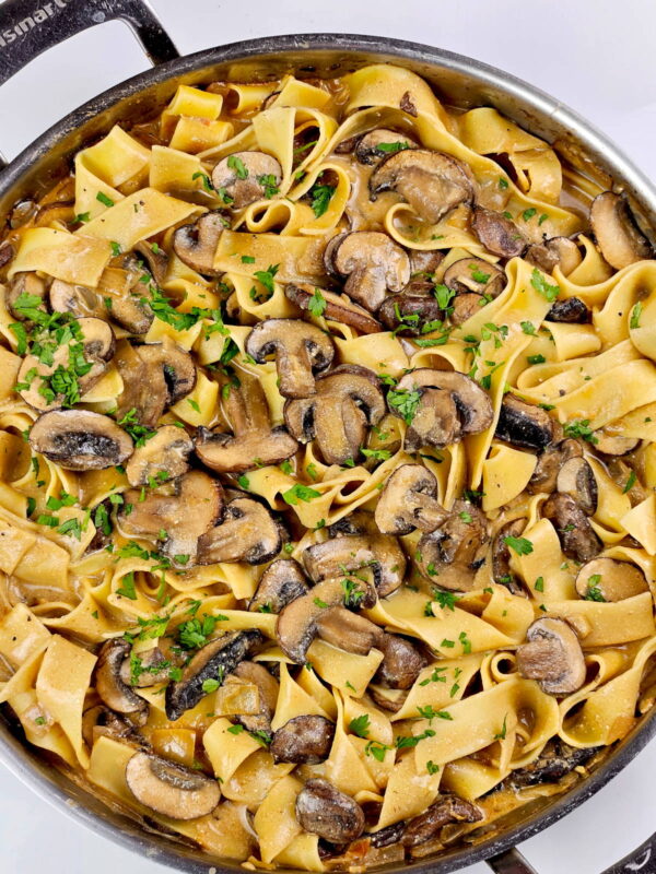 Meatless stroganoff in a skillet.