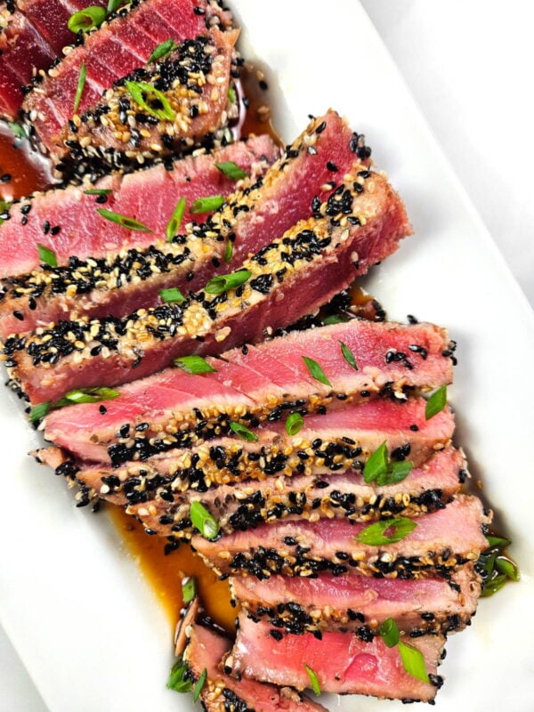 Tuna steaks after slicing.