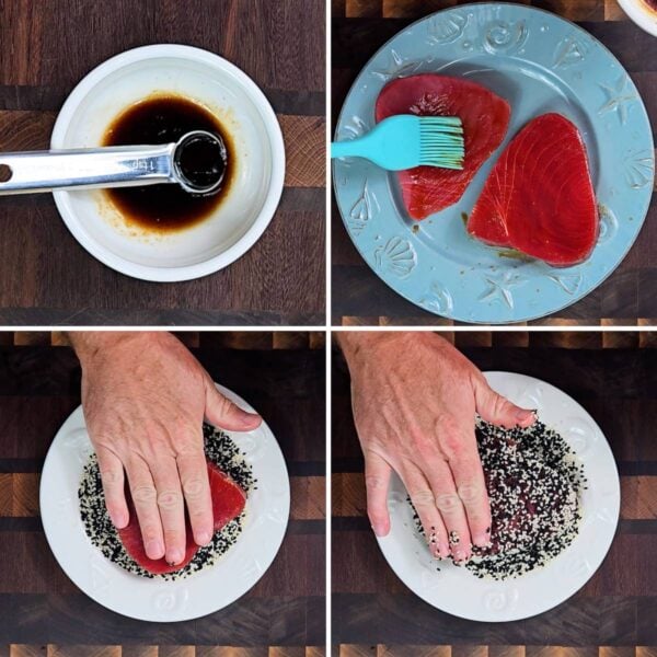 Brushing the liquid on tuna steaks, and coating them with sesame seeds.
