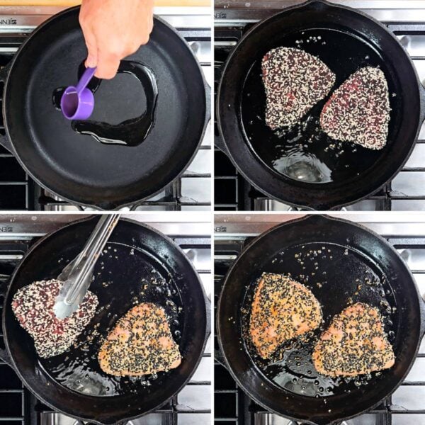 Searing the tuna steaks.