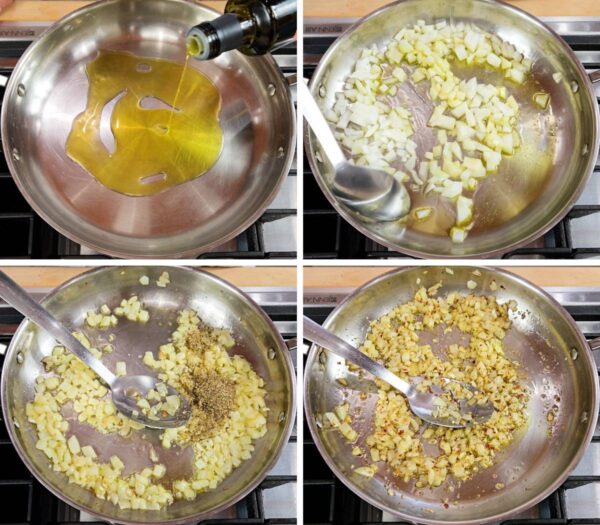 Sautéing diced onion in olive oil.