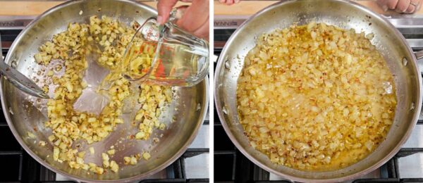 Pouring white wine into the pan.
