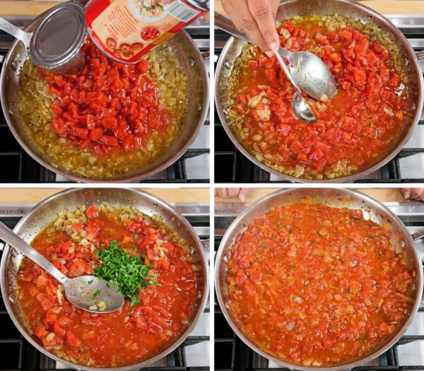 Adding diced tomatoes to the pan and cooking them down.