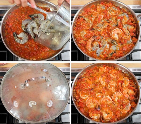 Adding shrimp into the saganaki sauce.